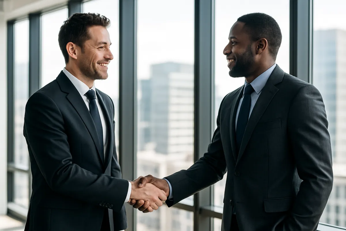 Two business leaders shaking hands in a modern office