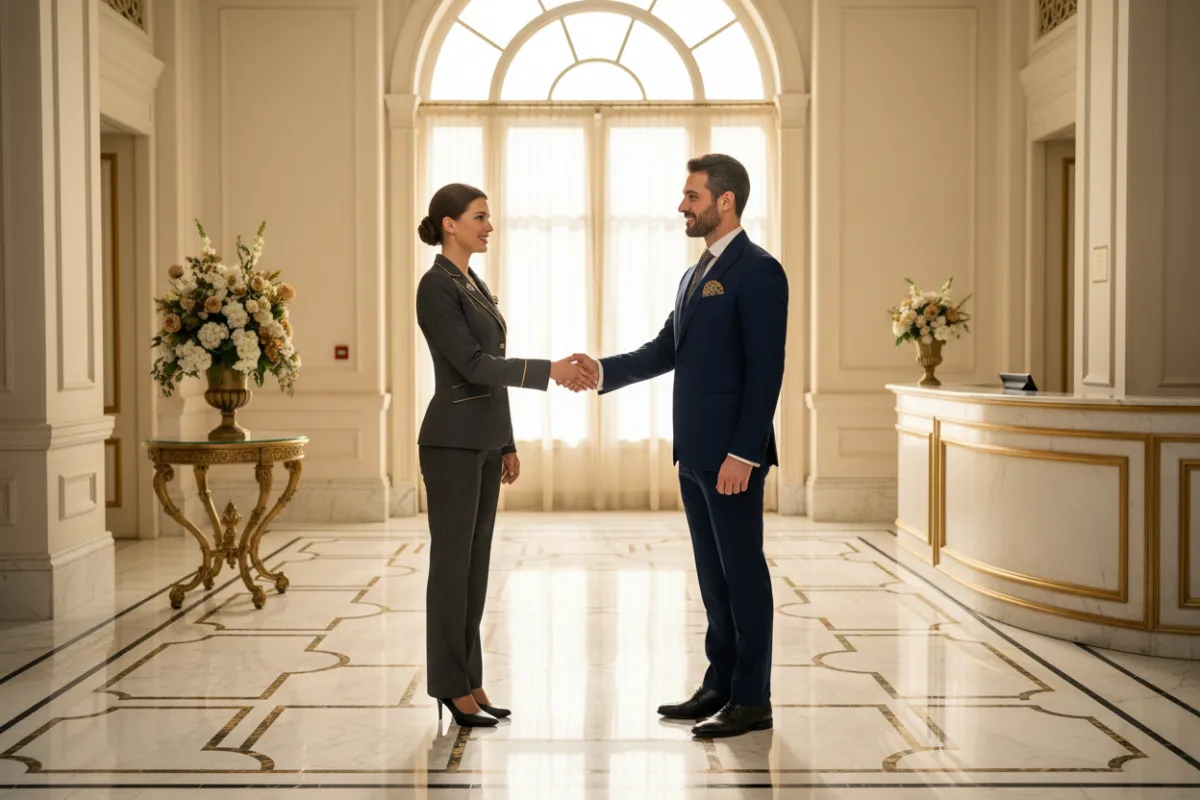 Elegant concierge greeting a client in a marble-floored lobby, both dressed in formal attire, with subtle gold accents and soft natural light, conveying exclusivity and warmth. No other people present.