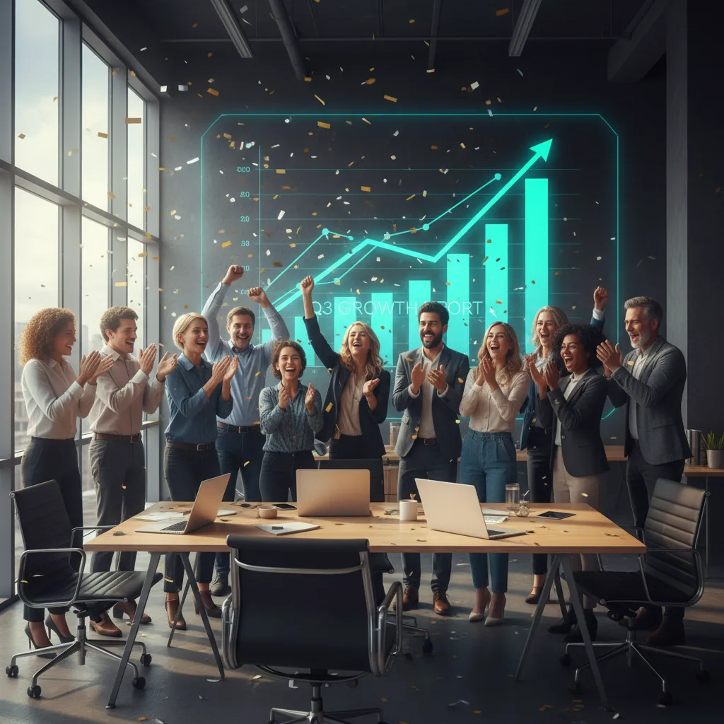 A dynamic scene of a diverse team celebrating a successful quarterly growth report, with upward-trending graphs on a large screen. The atmosphere is energetic, and the team members are of various ages and backgrounds.