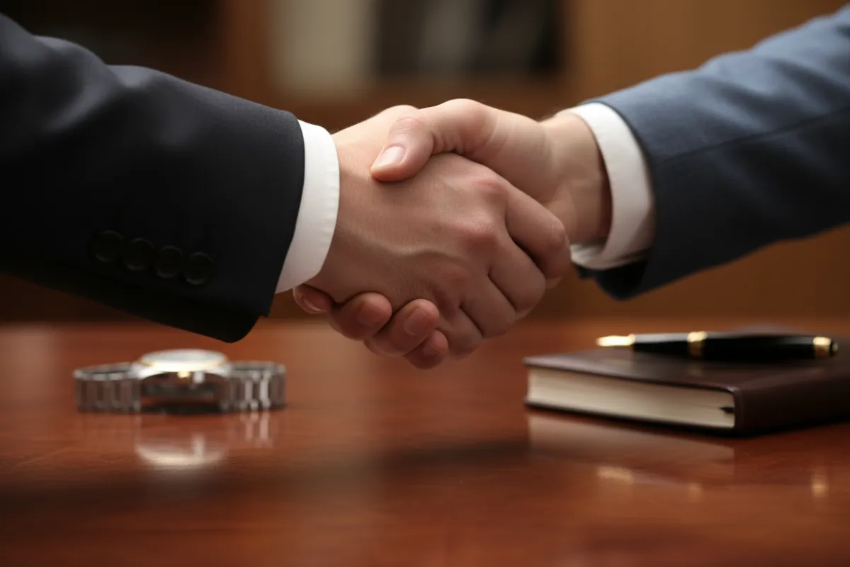 A close-up of two hands in a discreet handshake over a polished wooden table, with a blurred luxury watch and pen in the background. The image conveys trust, professionalism, and a personal touch in a refined setting.