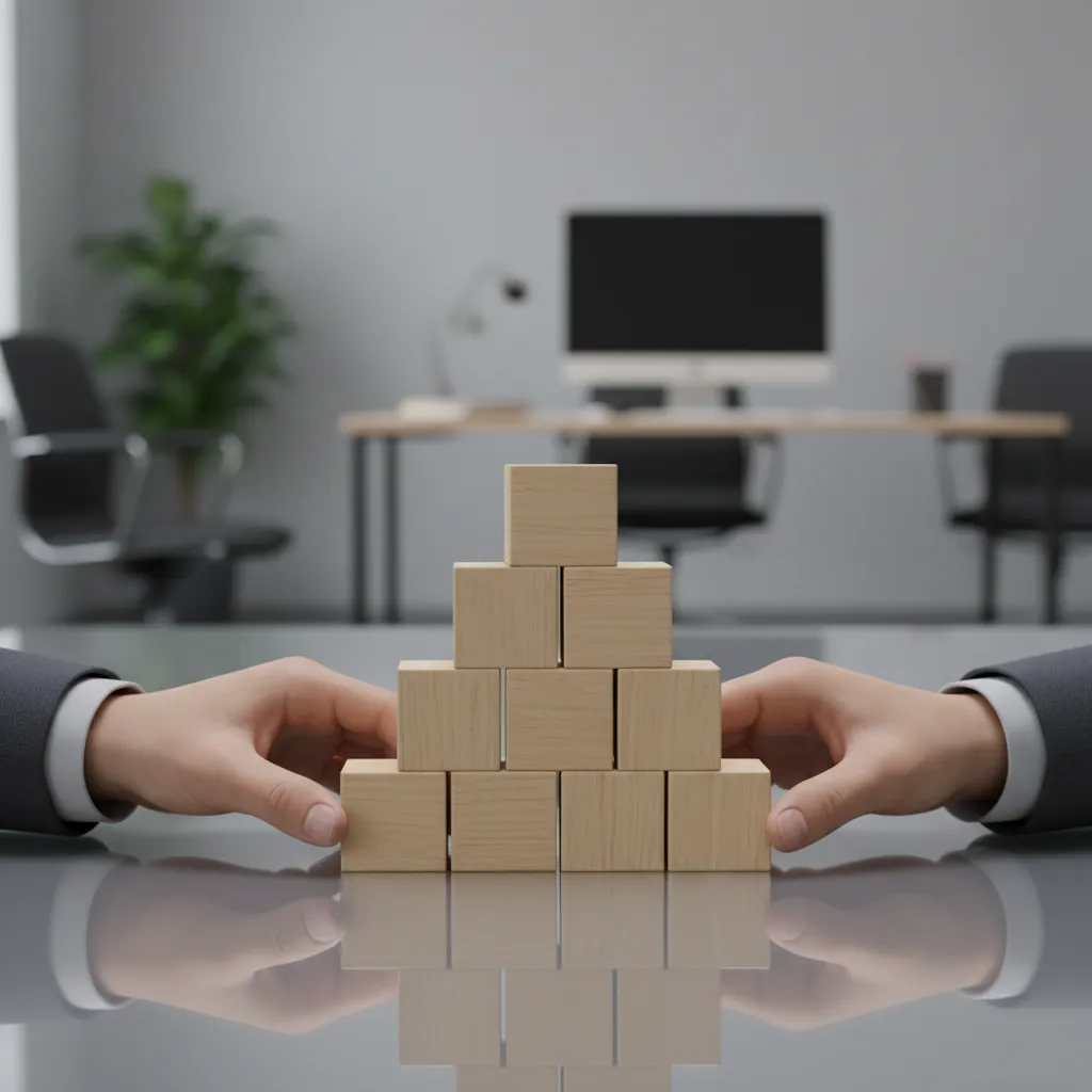 A close-up of hands arranging wooden blocks into a pyramid on a glass table, symbolizing business structuring. The background shows blurred office elements, and the lighting is soft and professional, focusing on the hands and blocks.