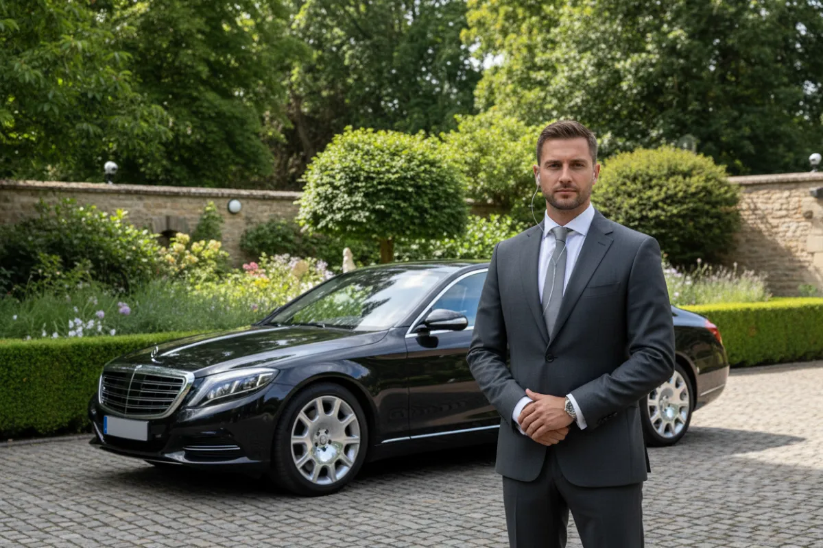 A discreet security professional in a tailored suit, earpiece visible, standing near a luxury vehicle outside a private estate, lush greenery and subtle surveillance cameras in the background, exuding calm vigilance and elite protection.