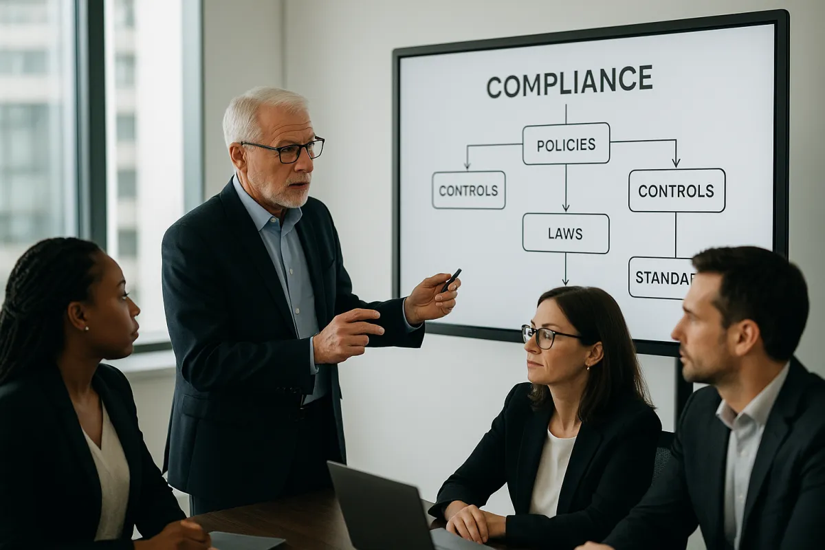 Compliance workshop with security leader presenting controls on a digital whiteboard