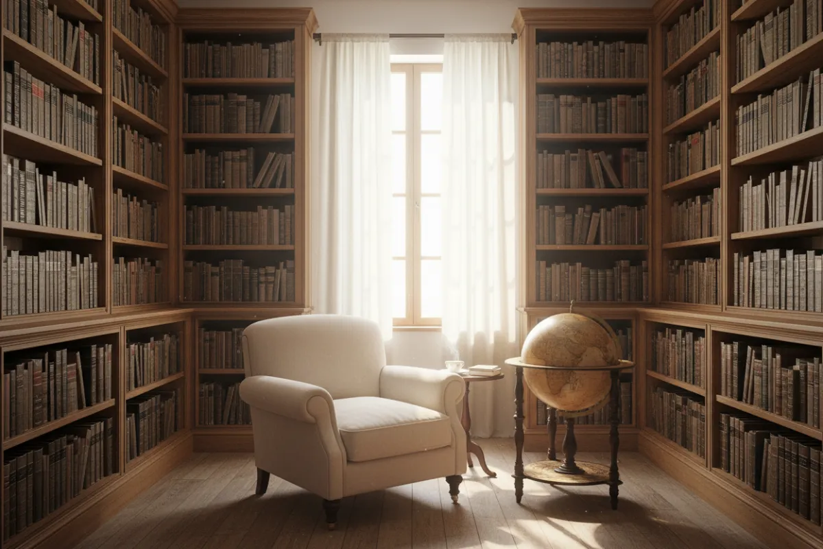 A serene, sunlit private library with floor-to-ceiling bookshelves, a single armchair, and a globe, symbolizing wisdom, privacy, and global perspective. The setting is refined, tranquil, and evokes thoughtful strategy.
