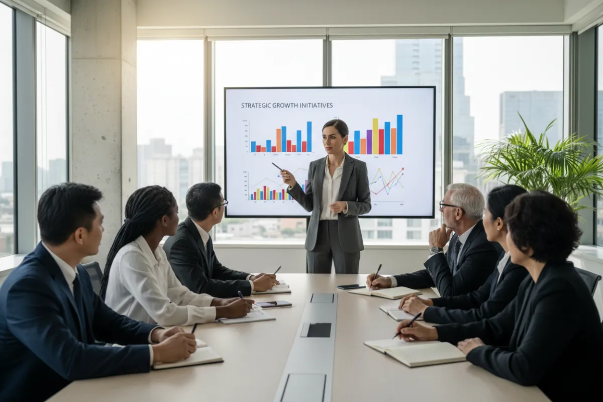 A confident consultant presenting a strategic business plan to a diverse group of business owners in a modern office, with charts and graphs visible on a digital screen. The group is engaged and attentive, representing various ages and backgrounds. The setting is bright, professional, and energetic, emphasizing collaboration and expertise.