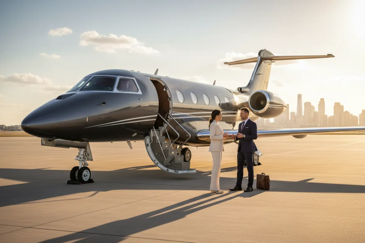 A panoramic view of a private jet on a sunlit runway, with a well-dressed couple and their advisor in conversation beside the aircraft. The background features a subtle city skyline, evoking global reach and exclusivity.