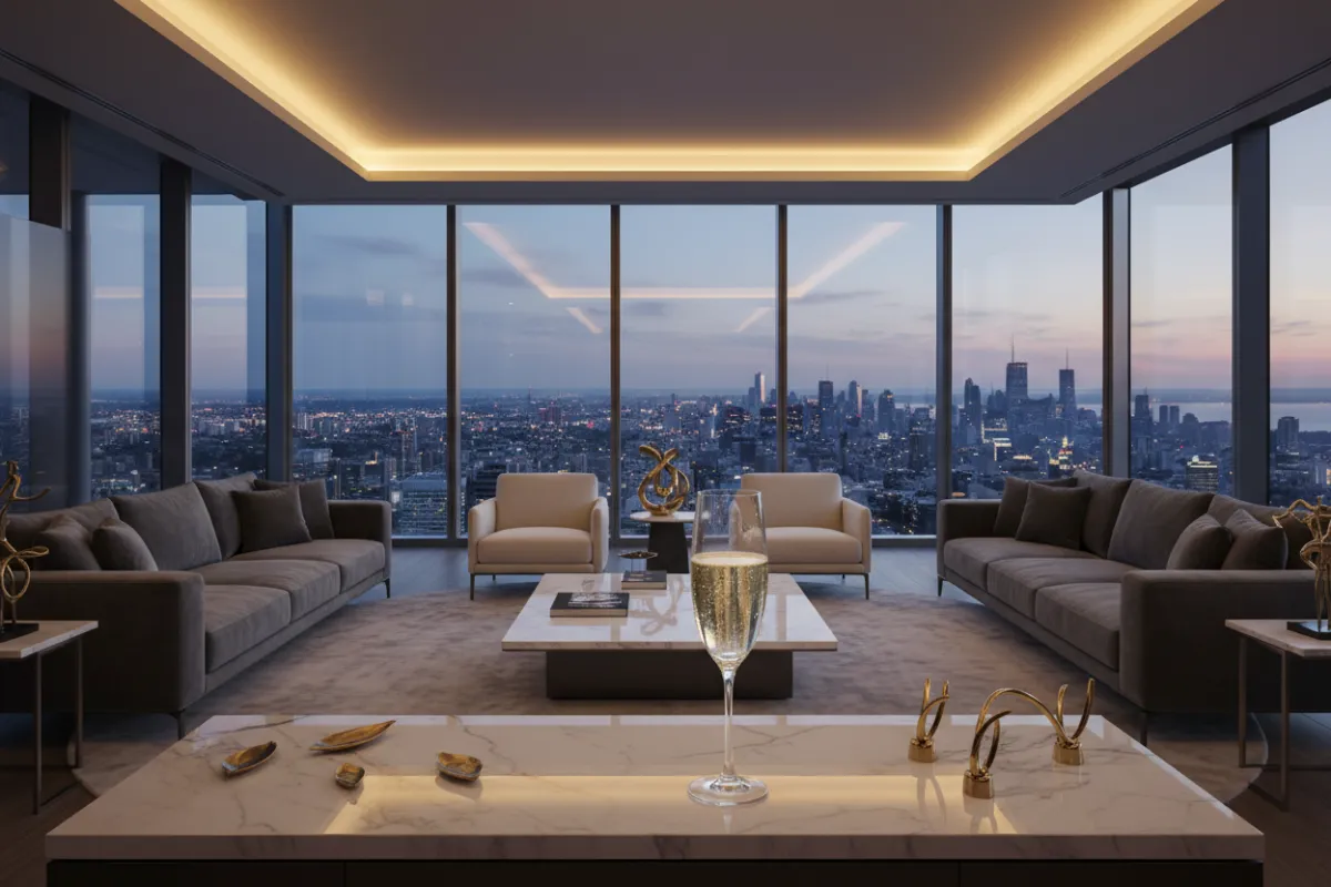 A sophisticated, modern penthouse lounge at dusk, floor-to-ceiling windows revealing a city skyline, a single glass of champagne on a marble table, subtle gold accents, and soft ambient lighting, evoking exclusivity and tranquility.