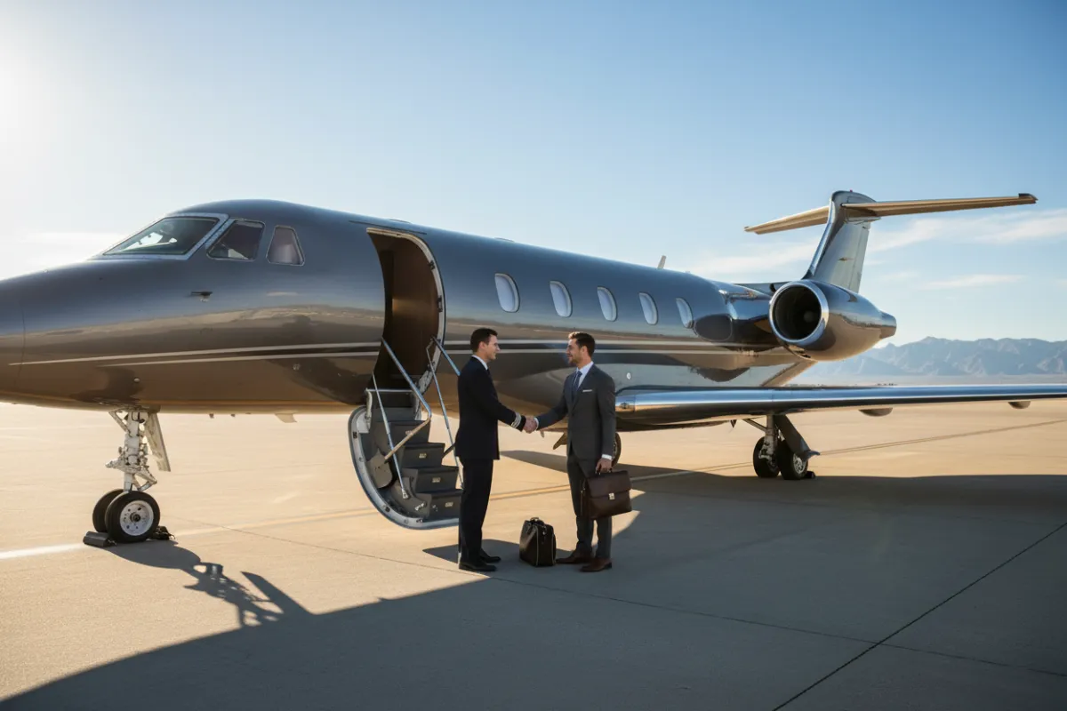 A sleek, modern private jet on a sunlit tarmac, with a sharply dressed pilot greeting a business traveler beside the aircraft. The background features a clear blue sky and distant mountains, evoking exclusivity and global reach.