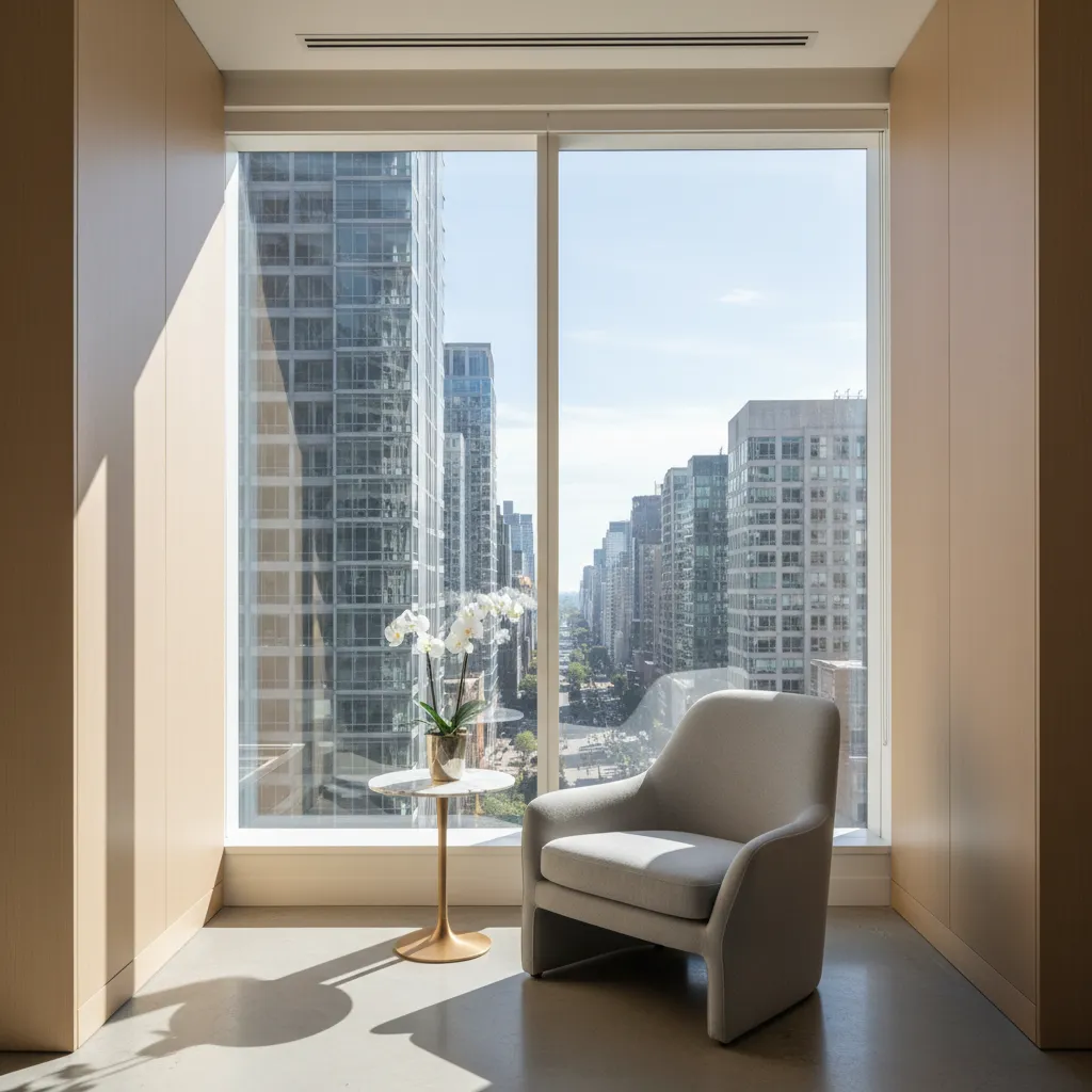 A modern, sunlit office lounge with a single elegant chair, a small table with a vase, and a large window overlooking a cityscape. The scene is welcoming, calm, and designed for private, meaningful conversations.