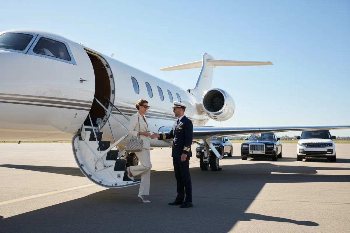 A private jet on a sunlit tarmac, a uniformed pilot greeting a well-dressed passenger at the stairs, luxury vehicles parked nearby, and a clear sky, illustrating personalized, high-end aviation services for discerning clients.