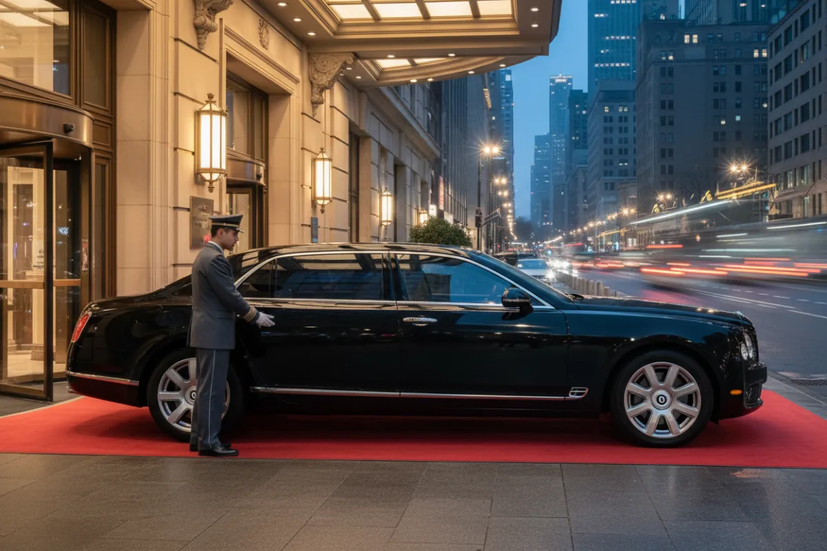 A luxury sedan with tinted windows parked outside a grand hotel entrance, a uniformed chauffeur opening the door, red carpet visible, and city lights reflecting on polished black paint, symbolizing premium, discreet transportation services.