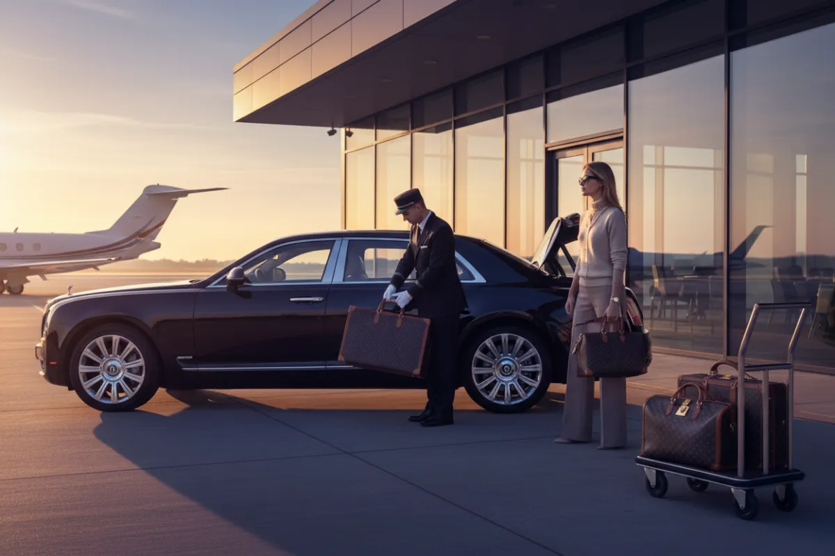 A luxury vehicle parked curbside at a private airport terminal, a uniformed chauffeur assisting a traveler with designer luggage, early morning light casting long shadows, evoking calm and exclusivity.