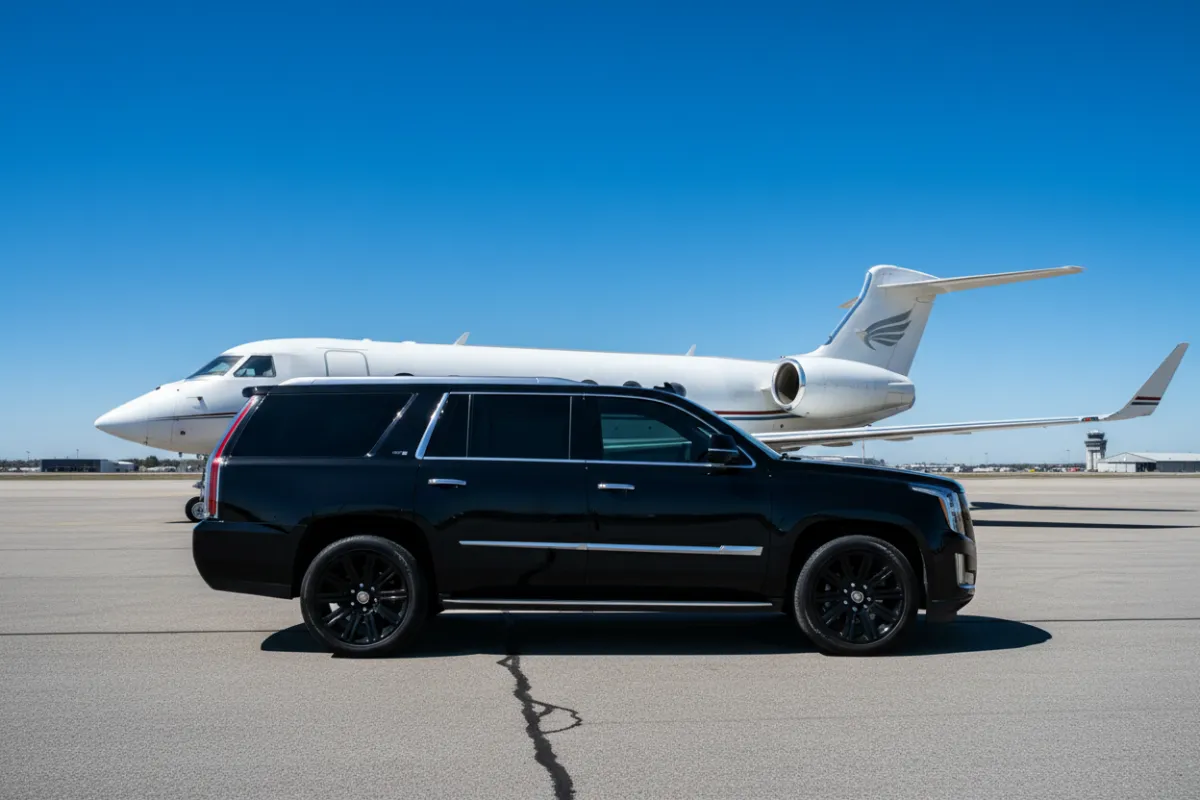 A black executive SUV with tinted windows parked beside a private jet on an airport tarmac, under clear blue skies, conveying power, security, and exclusivity.