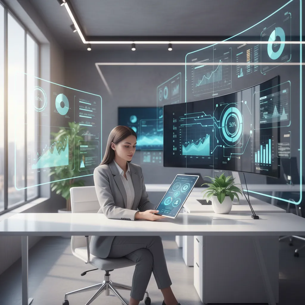 A businesswoman analyzing workflow diagrams on a digital tablet, surrounded by operational charts and efficiency metrics. The office is modern, with natural light and a focus on technology-driven optimization.