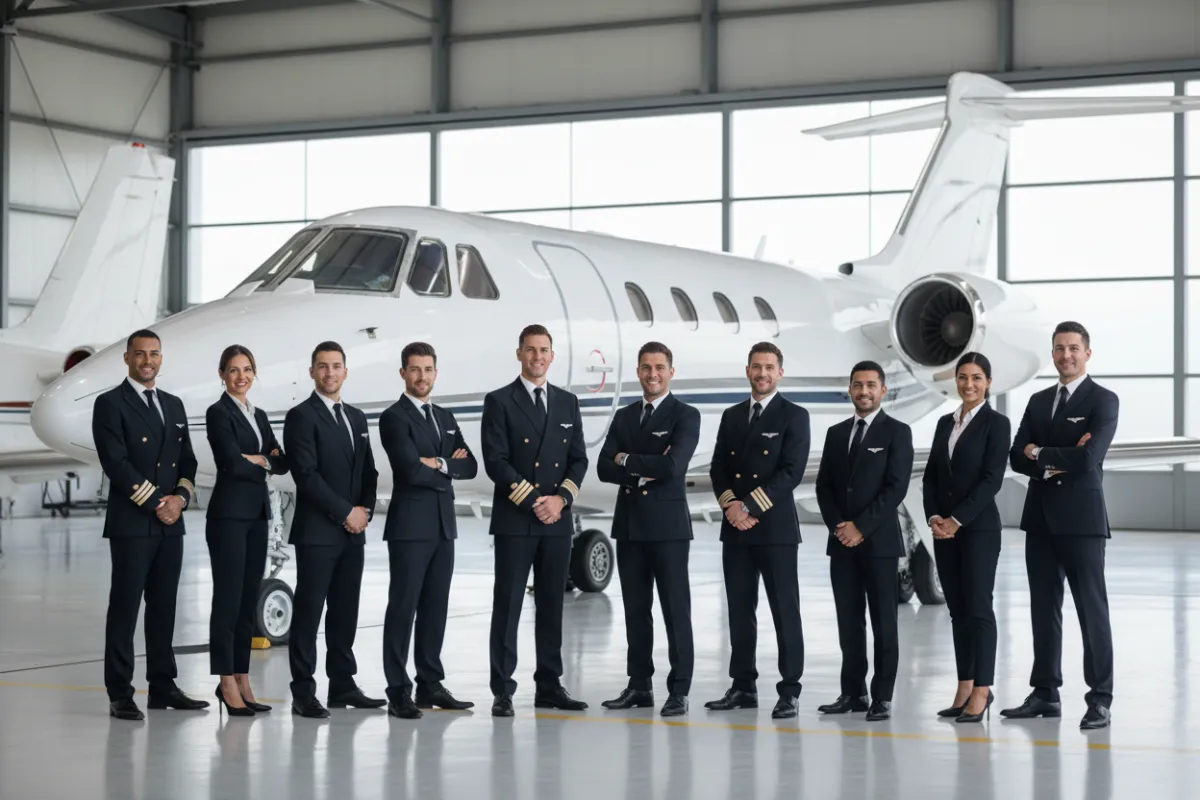 A diverse team of aviation professionals, including pilots, consultants, and coordinators, standing confidently in a modern hangar beside a luxury jet. The group exudes expertise and professionalism, with a bright, airy background.
