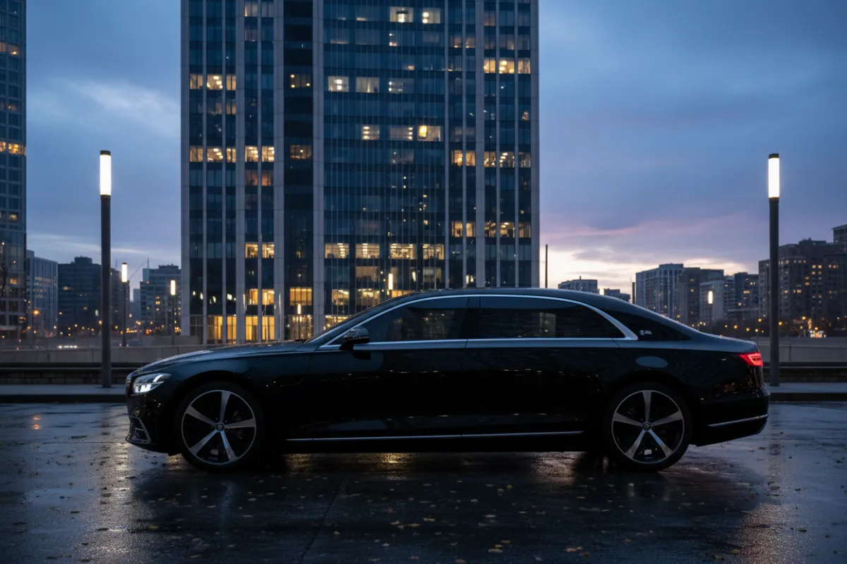 A sleek black luxury sedan with tinted windows parked in front of a modern glass building at dusk, city lights reflecting off the polished surface, exuding exclusivity and elegance.