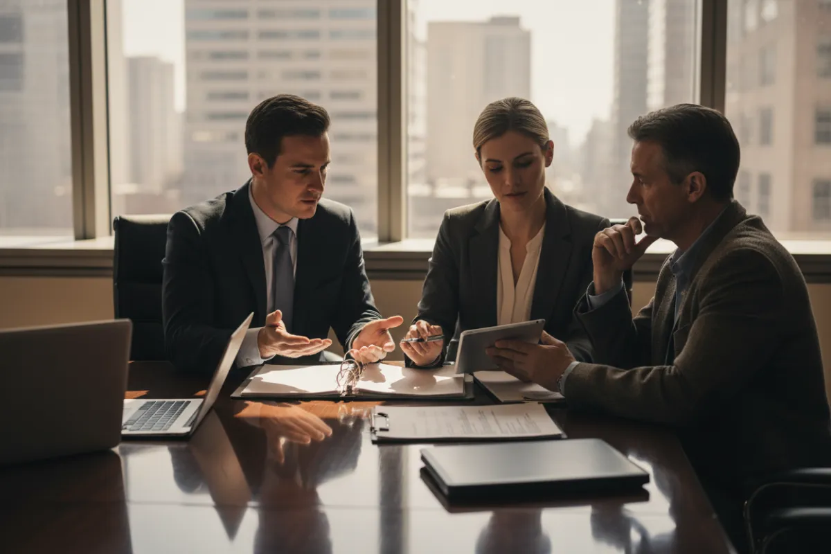 Attorneys and paralegal consulting with client at conference table, clear communication and collaboration.