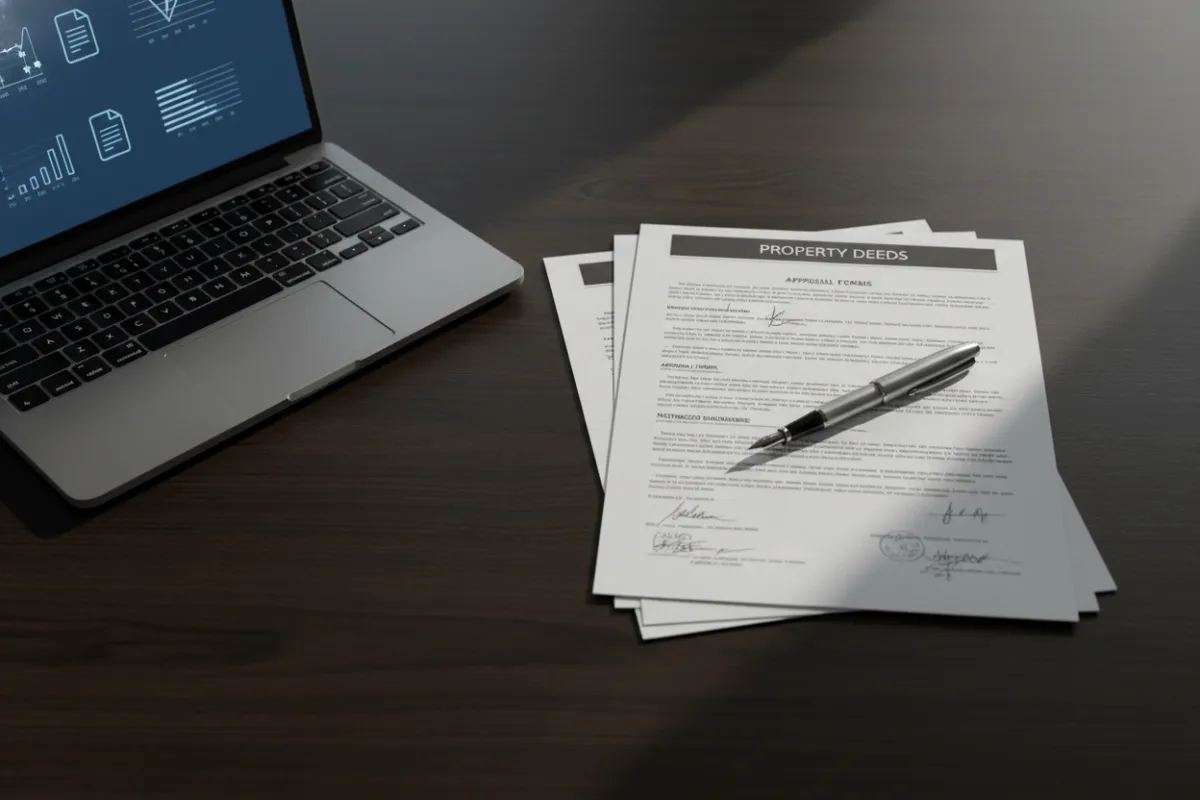 Organized legal documents, property deeds, appraisal forms, and a laptop on a wood desk, conveying preparedness for appraisals.