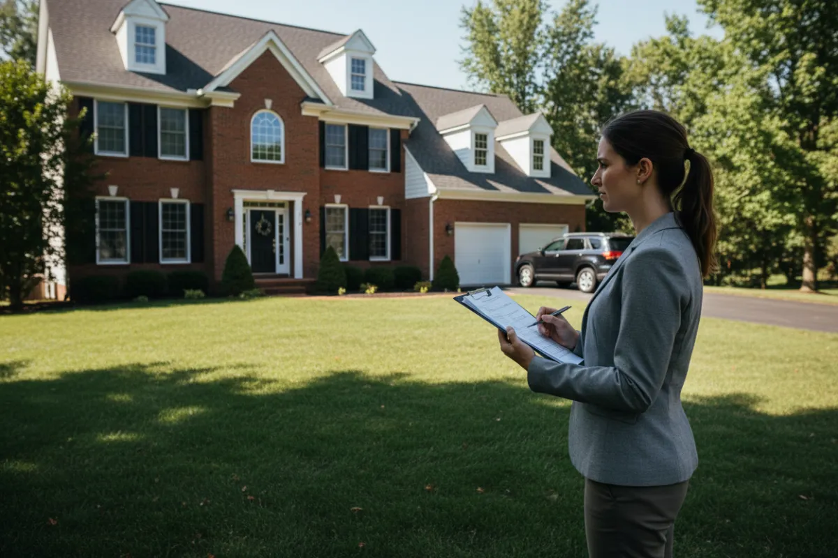Professional appraiser inspecting a residential exterior, clipboard in hand while examining facade, visible lot and driveway, midday natural light, wide composition showing context, photorealistic, communicates accurate onsite valuation and market condition assessment.