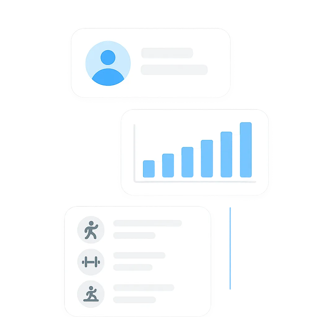 Orbit One client management UI panels showing profiles, graphs, and photos