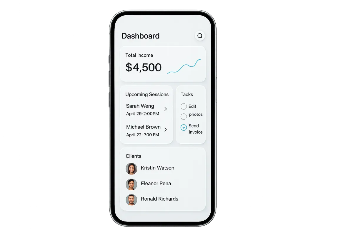 A vertical mobile frame with rounded corners showing the CRM dashboard, floating over a soft-focus high-key photography background.