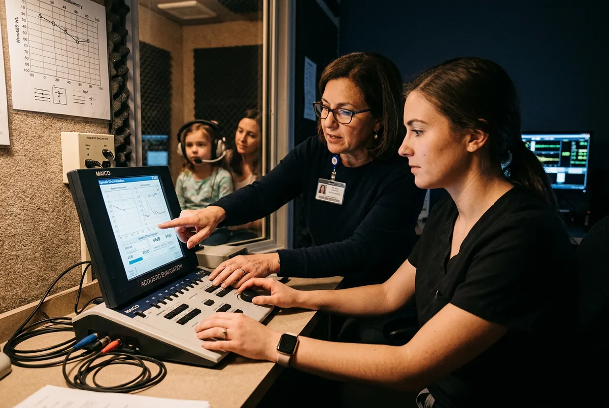 Clinical faculty guiding student through diagnostic acoustic audiometry and speech pattern evaluation equipment