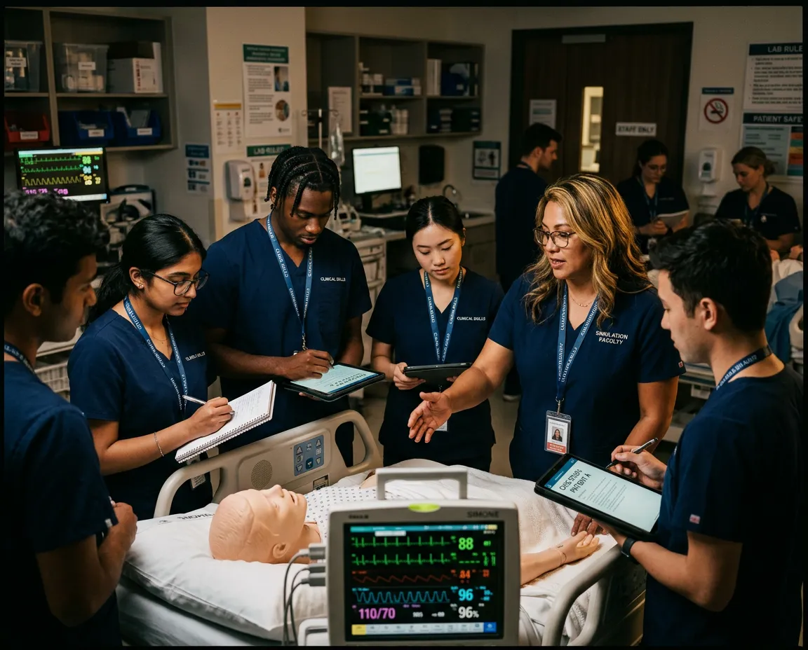 Landmark University faculty mentor guiding health sciences students in collaborative clinical simulation and diagnostic discussion