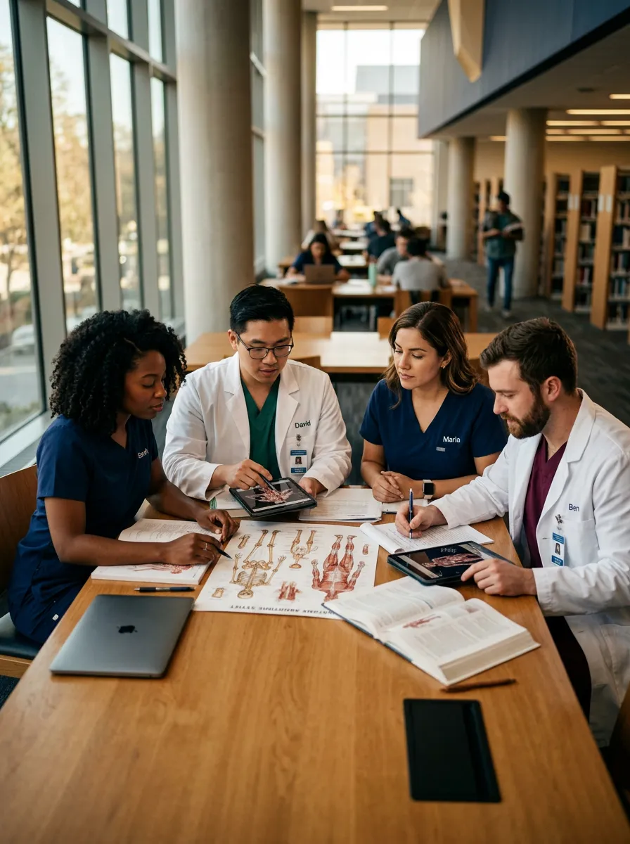 Diverse healthcare students collaborating in modern university study lounge