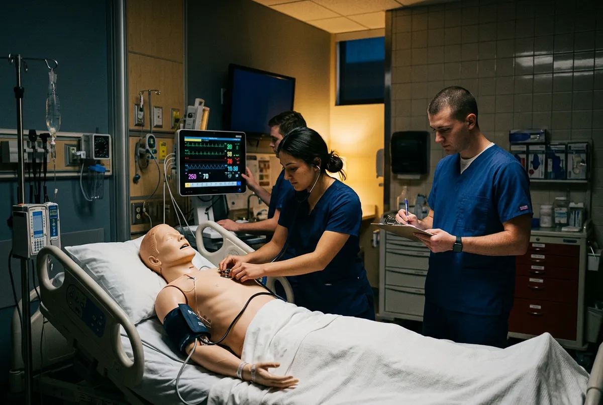 Health sciences students conducting advanced simulation vital checks and diagnostics in an acute care lab suite