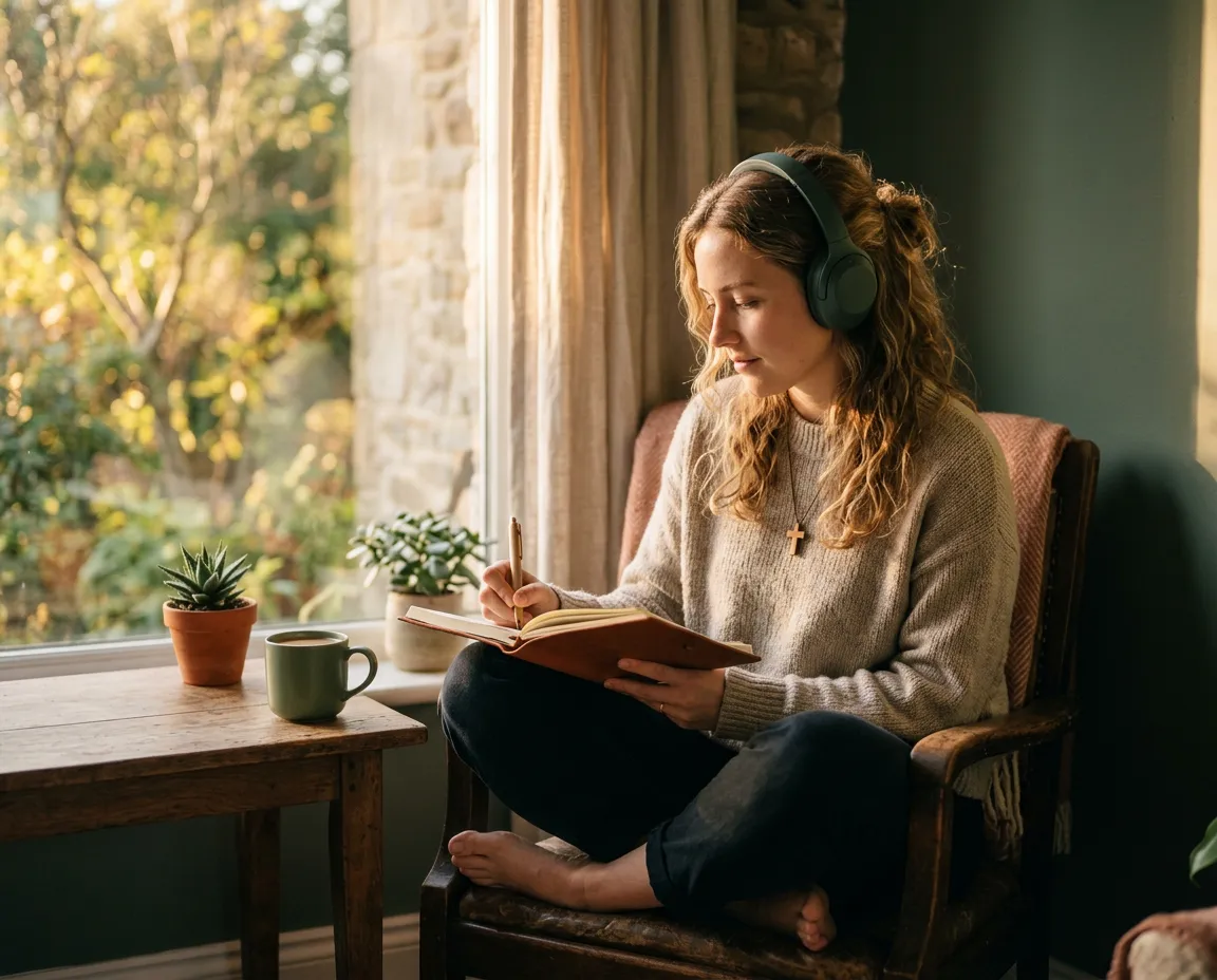 Woman sitting peacefully in warm morning light with headphones and journal