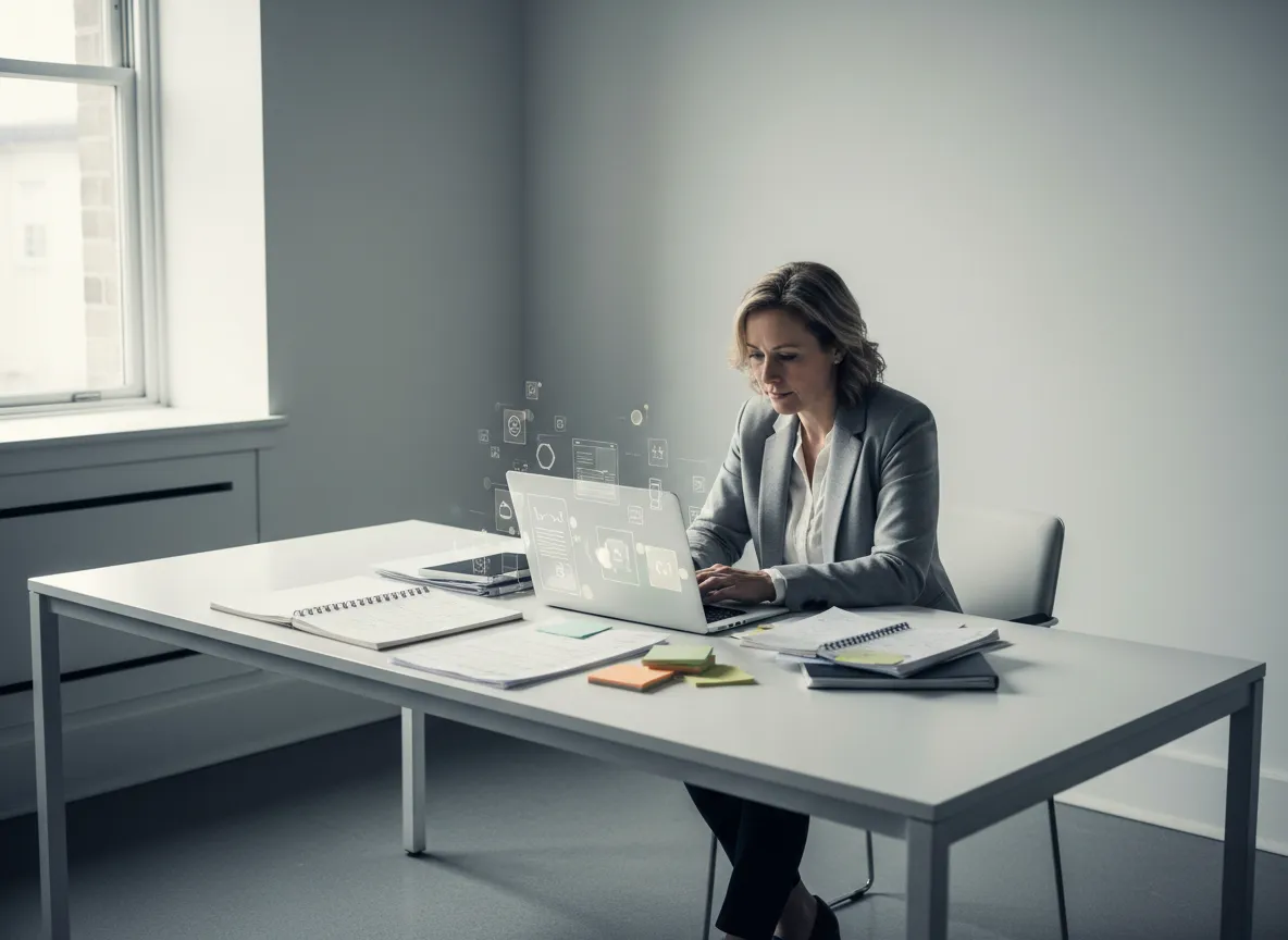 Frustrated business owner at their desk, surrounded by scattered work