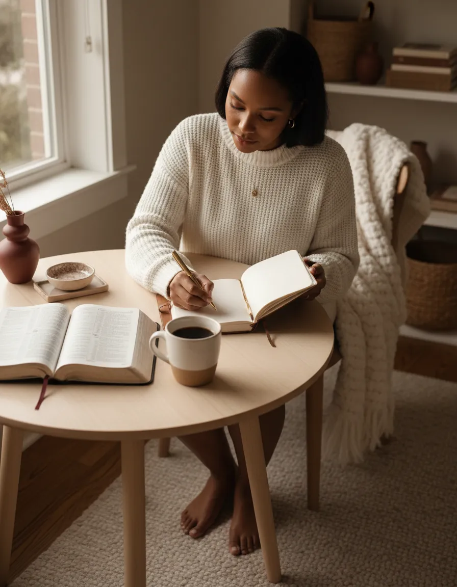 Lifestyle image of a Christian woman journaling with coffee and Bible