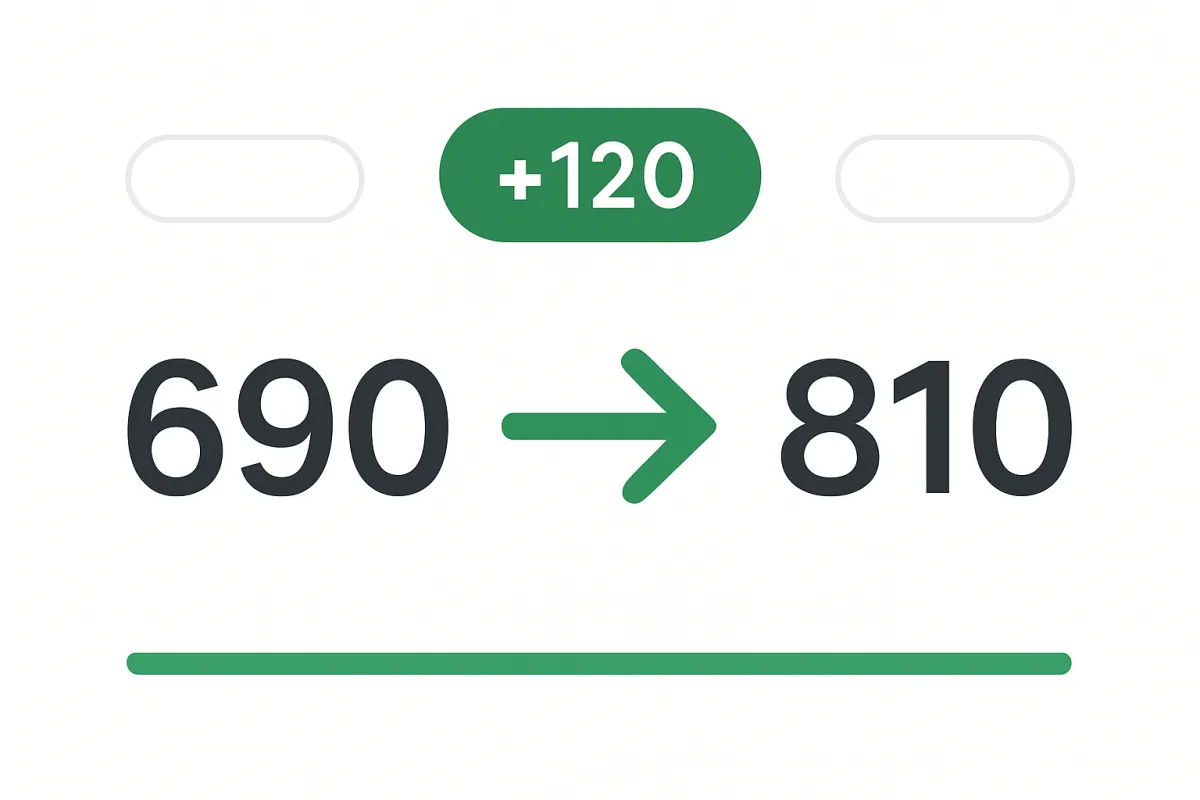 Credit-score increase chart showing a 120-point rise with green accents.