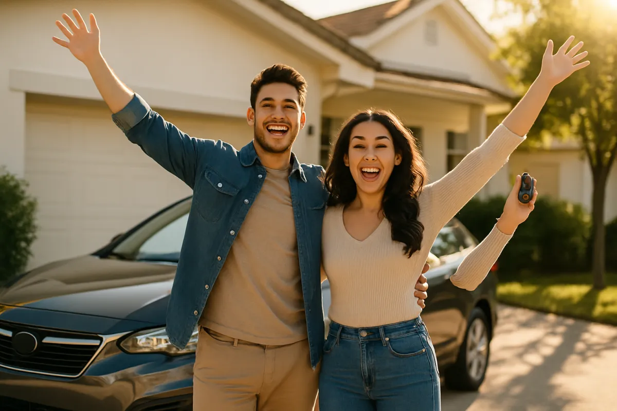Young couple celebrating a car purchase after credit improvement.