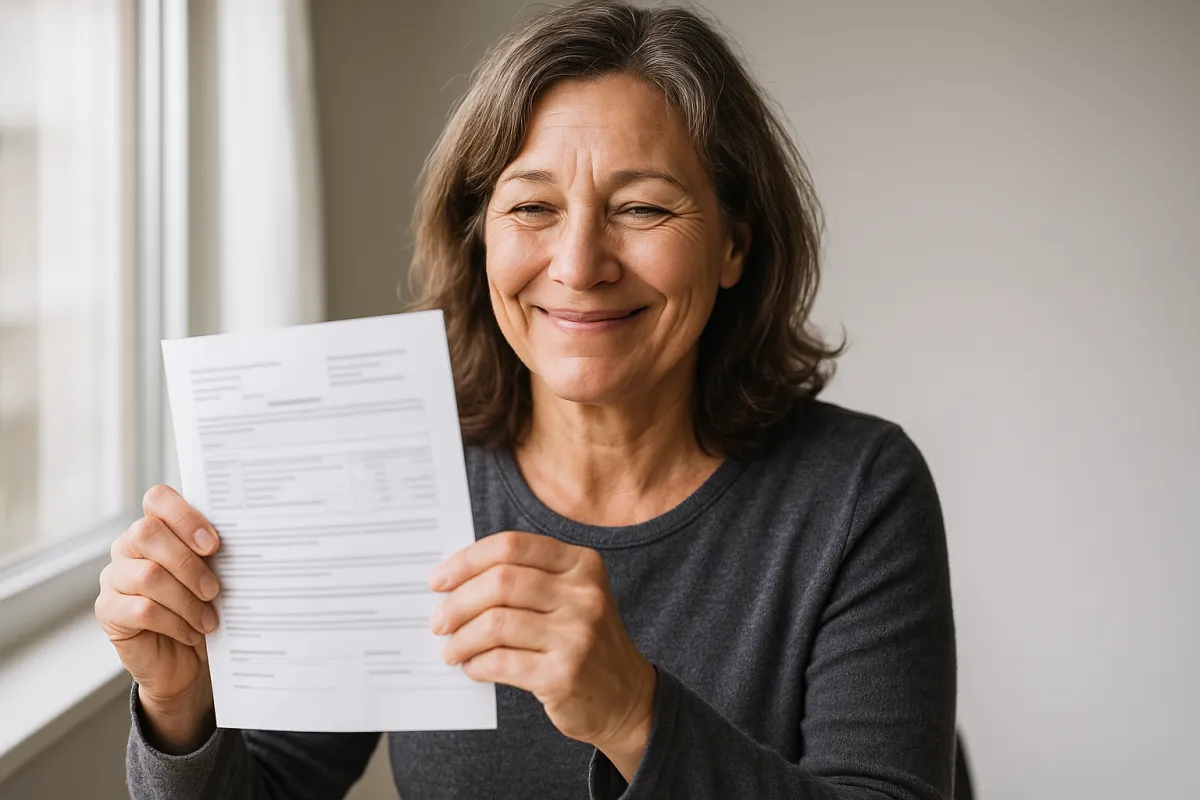 Client success photo: middle-aged woman holding approved loan paperwork with a relieved smile.