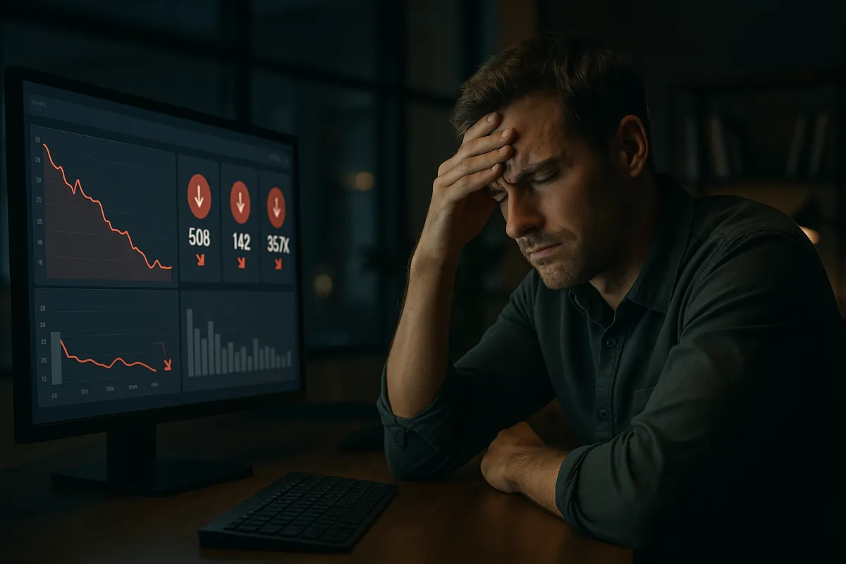 Analytics screen with underperforming indicators and a frustrated marketer