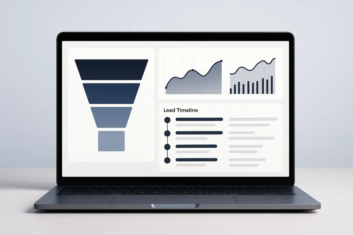 Dashboard mockup showing AquaPulse analytics and lead flow