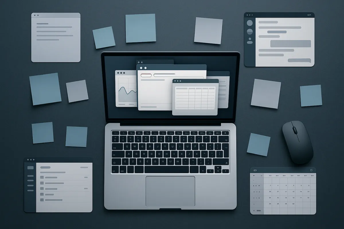 Overhead workspace with multiple open tabs and sticky notes showing fragmented toolset
