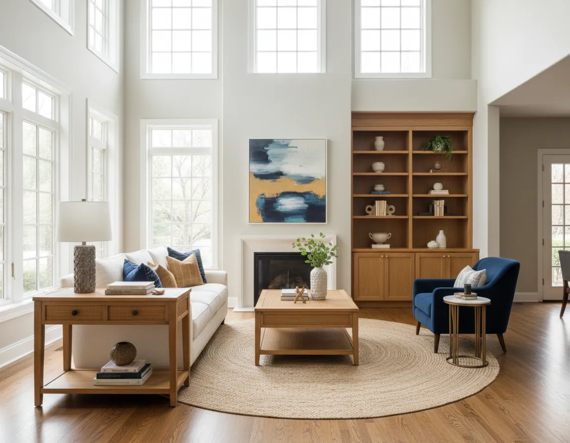 Beautifully staged living room receiving bright natural light