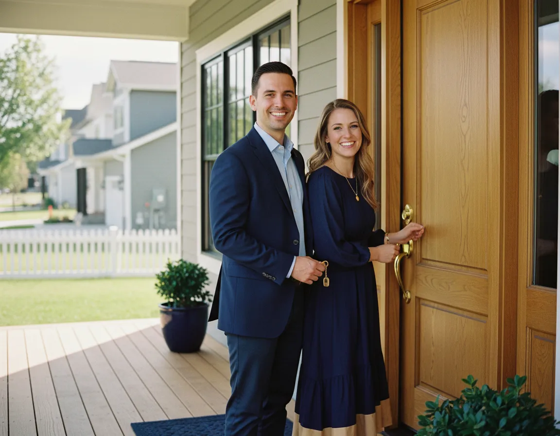 Couple unlocking the door to their new home