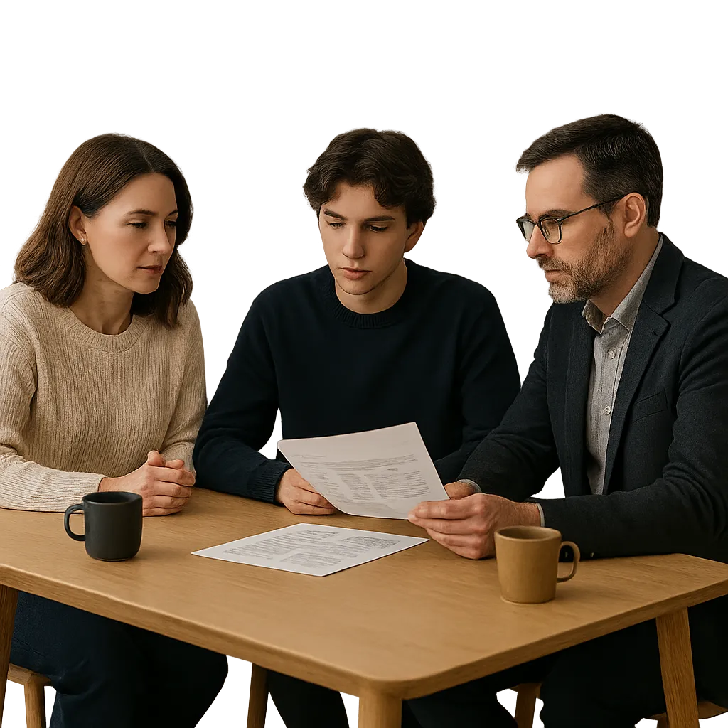 Parents and teenager discussing college financial planning