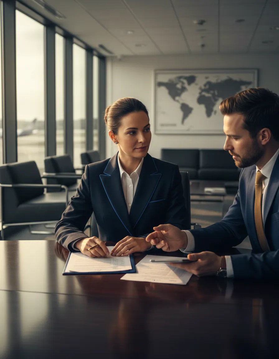 Professional pilot reviewing financial plans in a civil aviation environment with subtle silver-gray desaturation