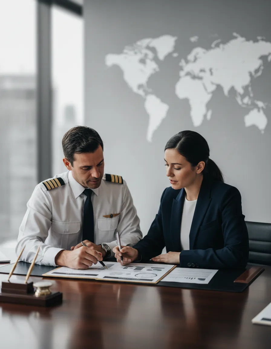 Pilot reviewing a coordinated strategy document with an advisor in a professional setting