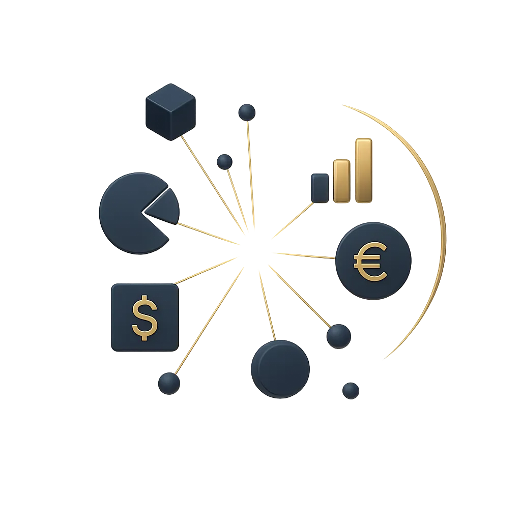 Abstract visualization of disconnected financial nodes being brought into a unified view