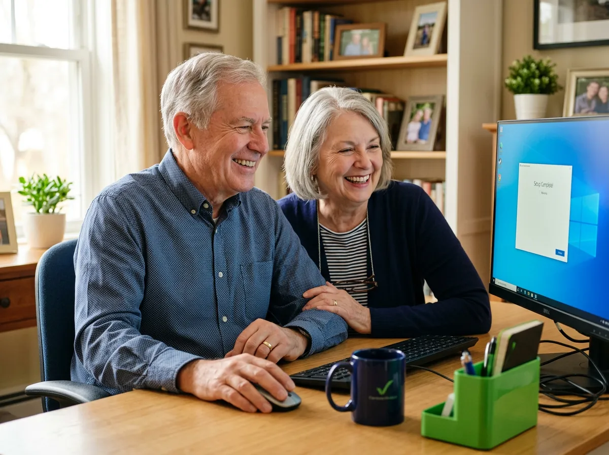 Happy older couple comfortably using their home computer and smiling with relief after tech setup