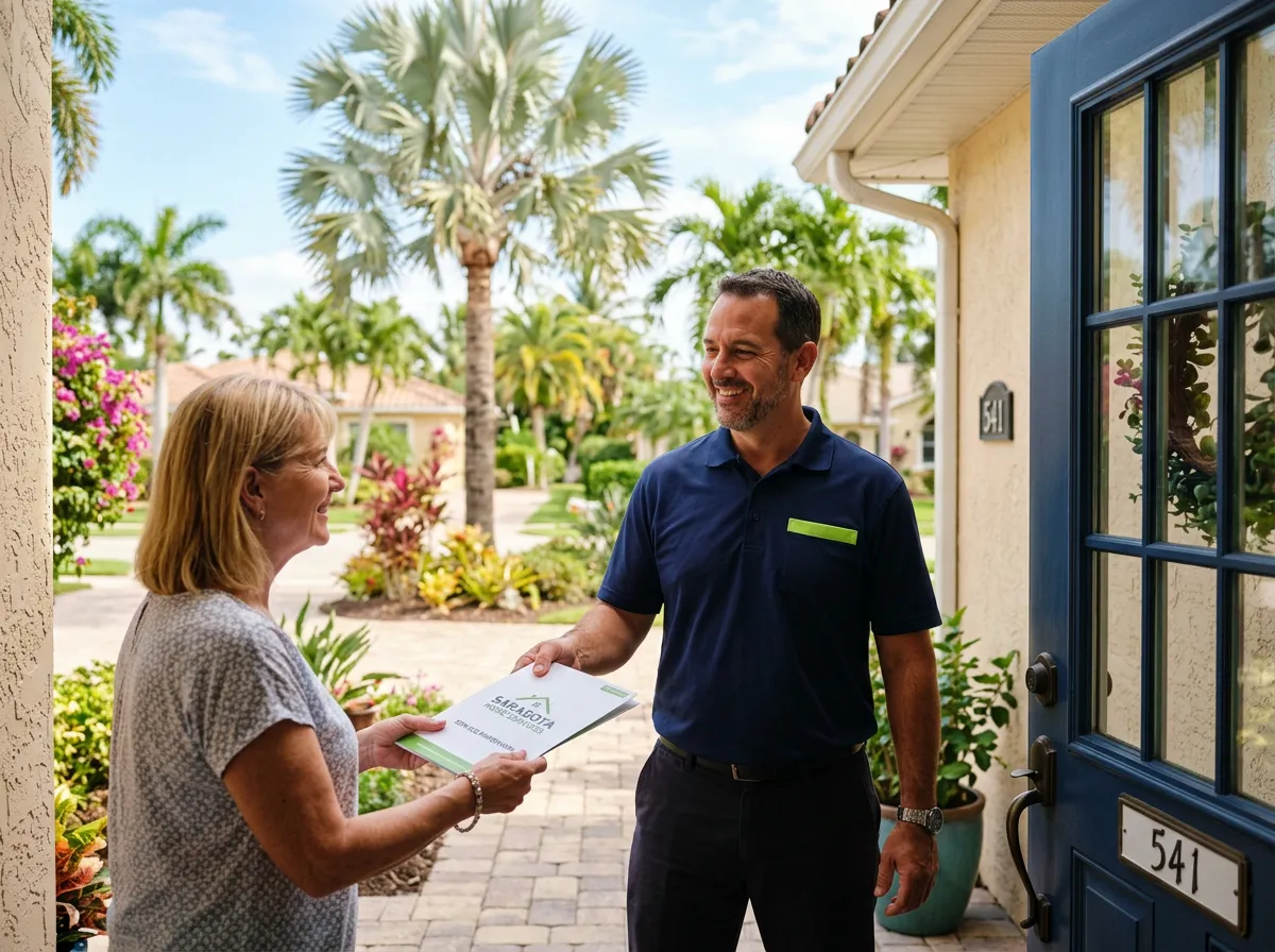 Local Sarasota technician greeting a homeowner at the front door with a warm smile