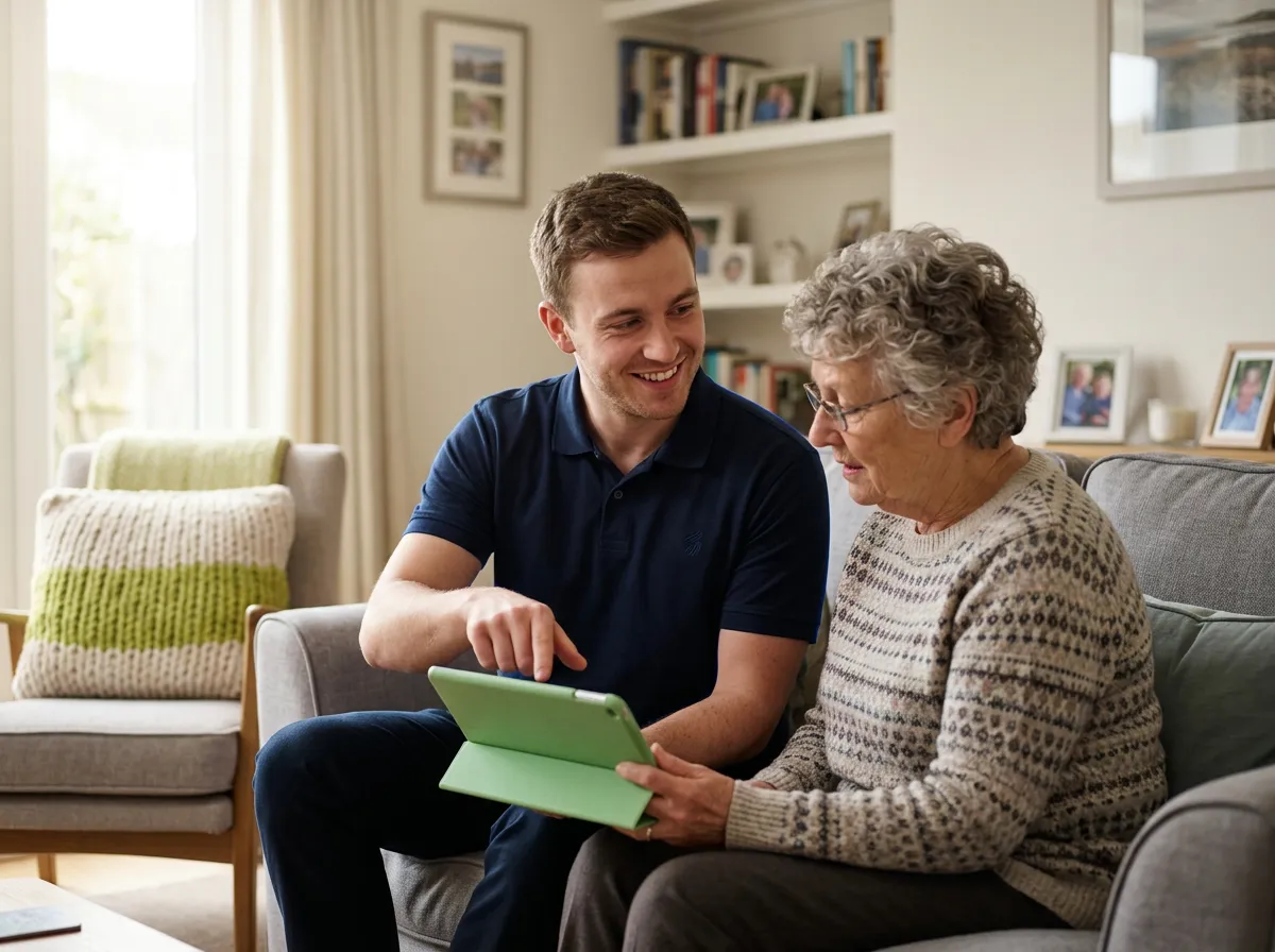 Friendly technician patiently showing a senior homeowner how to navigate an iPad in a bright living room
