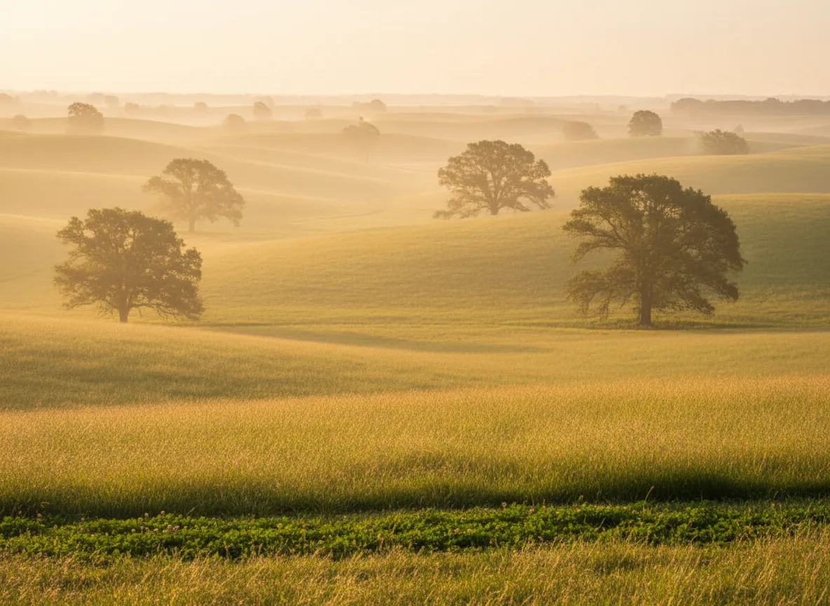 Open land with trees and soft sunlight