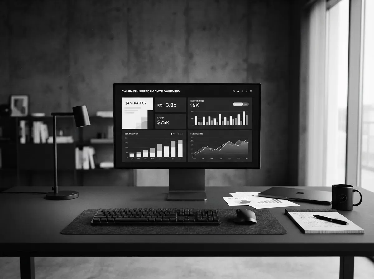 Monochrome architectural workspace showing financial campaign metrics and capital efficiency
