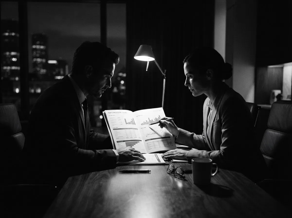 Monochromatic minimalist executive review meeting discussing transparent performance diagnostics